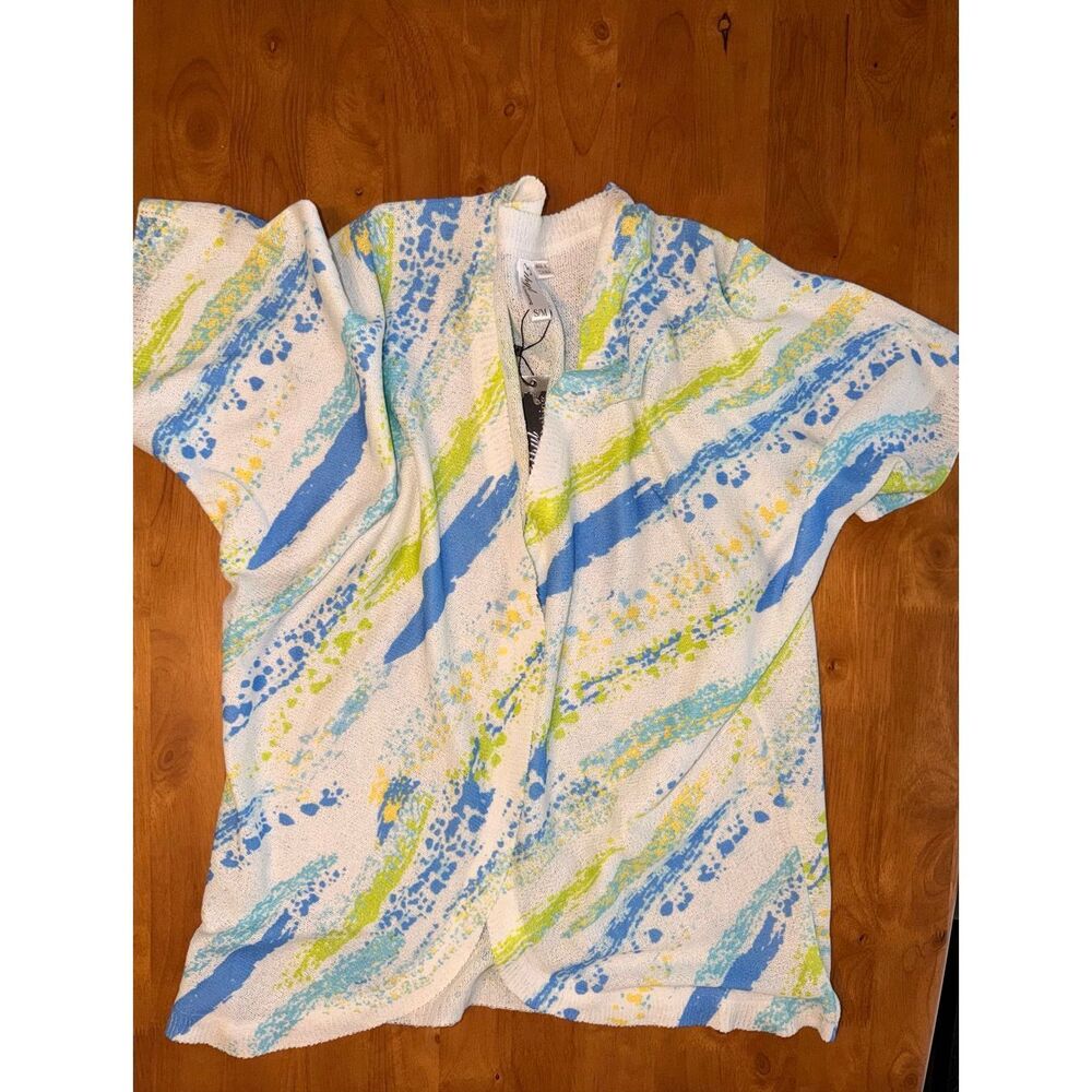 NWT Ethyl Clothing turbine print BLUE GREEN open front shrug S/M cardigan wrap